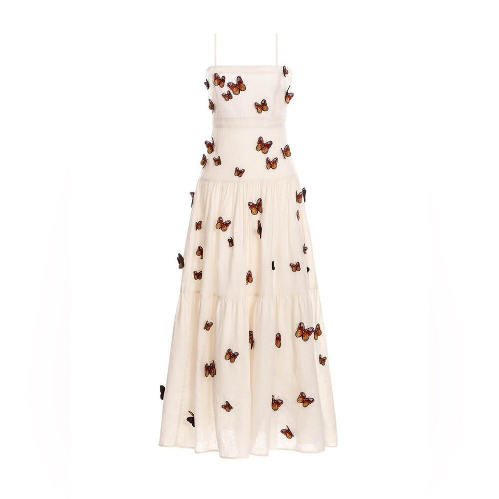 Agua By Agua Bendita Lima Embroidered Butterfly Linen Maxi Dress Size Small - Picture 3 of 16